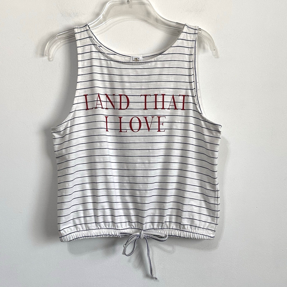 O’Neill Womens Tank Top M Tie Waist Blue Stripe Land That I Love Patriotic Shirt